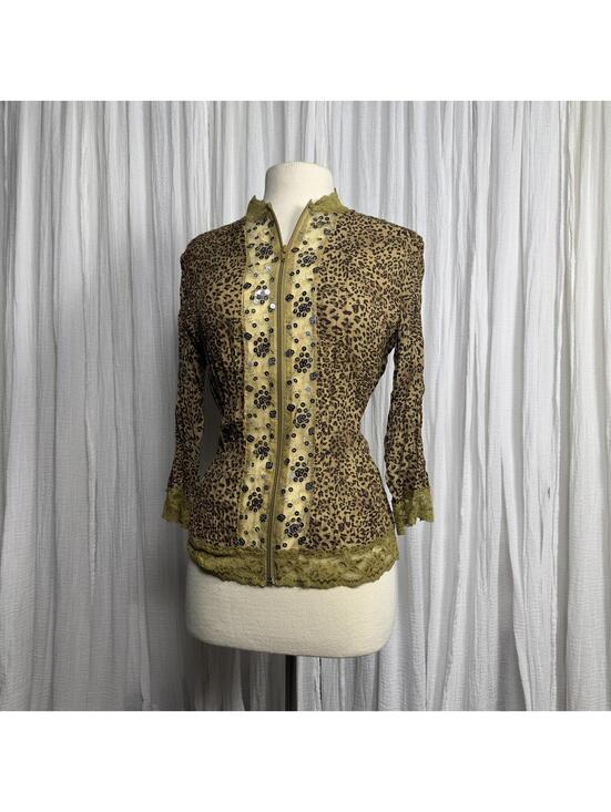 Tops - Vintage Y2K Sheer Leopard Print Embellished Jacket (S)